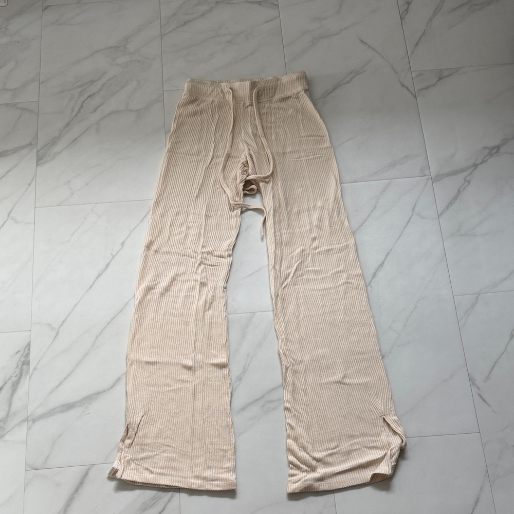 Beige Ribbed Wide-Leg Knit Pants